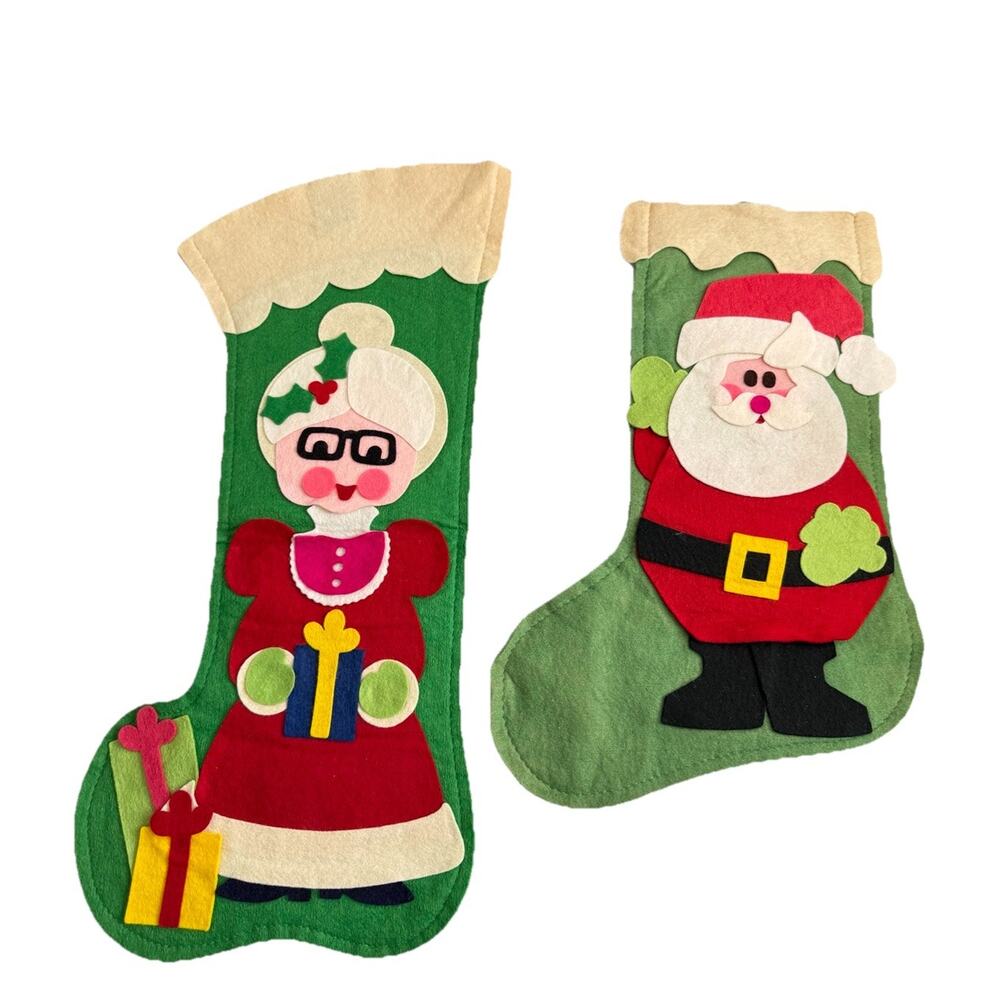 Vintage Felt Christmas Stockings Santa & Mrs Claus Grannycore 1970's